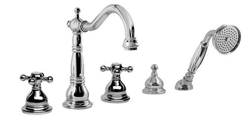 Roman Tub Filler Faucet with Hand Shower, Diverter and Metal Cross Handles in Steelnox