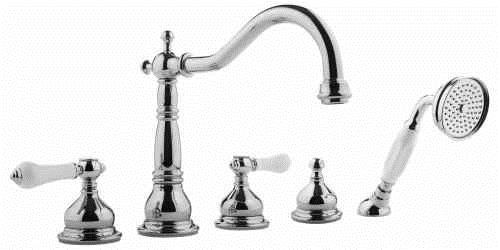 Roman Tub Filler Faucet with Hand Shower, Diverter and Porcelain Lever Handles in Polished Nickel