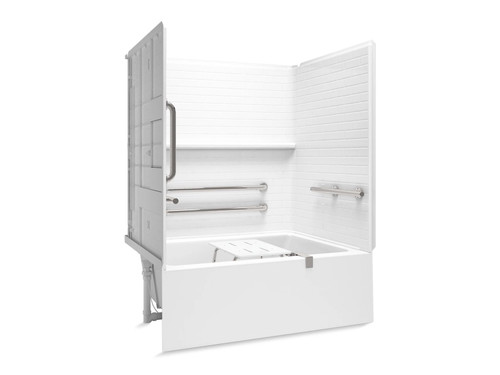 60" x 42" above-floor-drain Vikrell(R) bath/shower with Aging in Place backerboards, grab bars, and bath seat, left drain