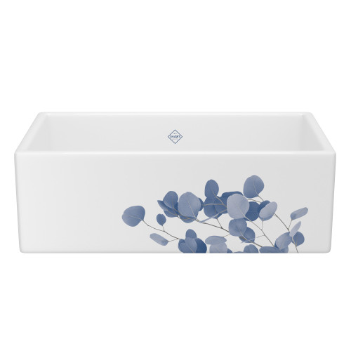 Shaker(TM) 33" Single Bowl Farmhouse Apron Front Fireclay Kitchen Sink With Eucalyptus Design