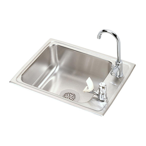 Lustertone Classic Stainless Steel 22" X 17" X 7-5/8" 2-Hole Single Drop-In Classroom Sink + Faucet/Bubbler Kit And Vandal-Resistant Filtration Kit With Filter Status Monitor