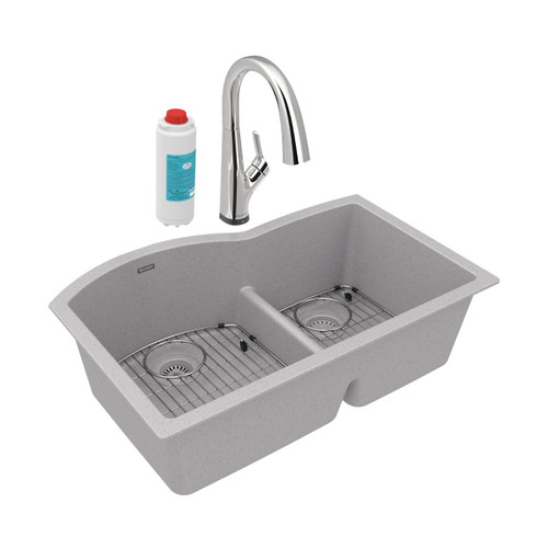 Quartz Classic 33" X 22" X 10" Offset 60/40 Double Bowl Undermount Sink Kit With Filtered Faucet With Aqua Divide Greystone in Greystone