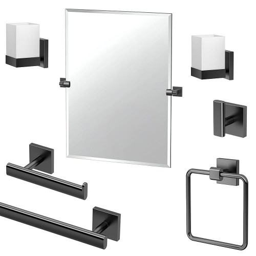 Gatco KA-ELE-7-MB 7-Piece Bathroom Accessory Kit with Mirror and Wall Sconces, Matte Black