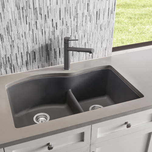 32-In X 20.875-In Double-Basin Granite Undermount 2-Hole Residential Kitchen Sink in Cinder