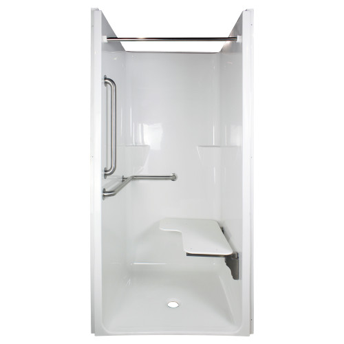 36in I.D. x 36in I.D. ADA Reinforced Center Drain Transfer Shower Kit with Right-Hand Fold-Up Seat, 2 Grab Bars, and Curtain Rod