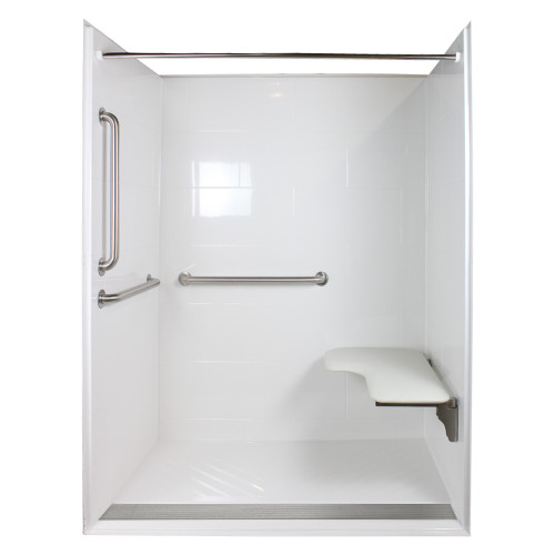 60in I.D. x 34in I.D. ADA Reinforced Front Trench-Drain Roll-In Shower Kit, Right-Hand Fold-Up Seat, 3 Grab Bars, and Curtain Rod 60in I.D. x 34in I.D. ADA Reinforced Front Trench-Drain Roll-In Shower Kit, Right-Hand Fold-Up Seat, 3 Grab Bars, and Curtain Rod