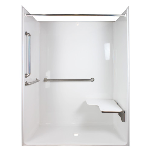 60in I.D. x 31-1/4in I.D. ADA Reinforced Center Drain Roll-In Shower Kit, Right-Hand Fold-Up Seat, 3 Grab Bars, and Curtain Rod 60in I.D. x 31-1/4in I.D. ADA Reinforced Center Drain Roll-In Shower Kit, Right-Hand Fold-Up Seat, 3 Grab Bars, and Curtain Rod