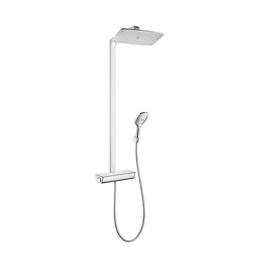 Hansgrohe 27112001 Raindance Select Showerpipe with Shower Head, Multi-Function Hand Shower and Glass Shelf in Chrome Hansgrohe 27112001 Raindance Select Showerpipe with Shower Head, Multi-Function Hand Shower and Glass Shelf in Chrome