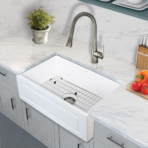 30-in x 20-in x 10-in Single Basin Reversible (Fluted/Plain) Farmhouse Fireclay Kitchen Sink in White with Faucet, Grid, Strainer, Installation Kit