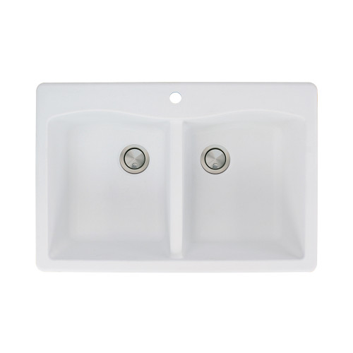 33-in x 22-in x 9.5-in Granite Double Equal Drop-in 1-Hole Kitchen Sink in White with Faucet, Grids, Strainer, Disposer Strainer, Installation Kit
