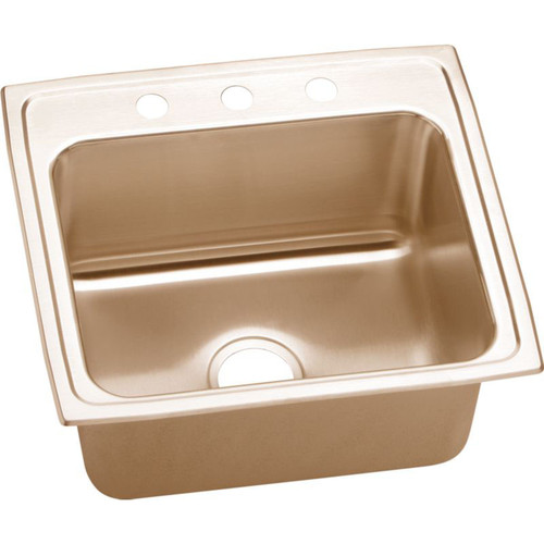 22" x 19-1/2" x 10-1/8" 18 Gauge CuVerro Antimicrobial Copper Single Bowl Drop-in Sink with 3 Faucet Holes in Lustrous Satin