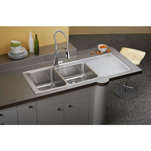 54" x 22" x 10" 18 Gauge Stainless Steel Offset Double Bowl Drop-in Sink with Left Drainboard and 4 Faucet Holes in Lustrous Satin