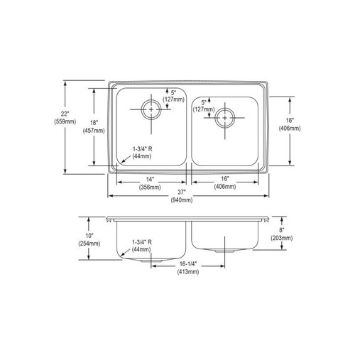 37" x 22" x 10" 18 Gauge Stainless Steel Offset Double Bowl Drop-in Kitchen Sink with 3 Faucet Holes in Lustrous Satin