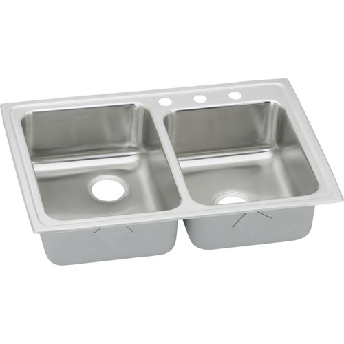 33" x 22" x 5-1/2" 18 Gauge Stainless Steel Offset Double Bowl Top Mount ADA Kitchen Sink with 3 Faucet Holes in Lustertone