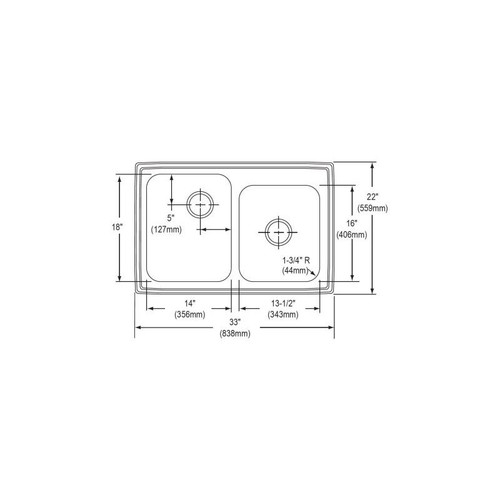 33" x 22" x 7-1/8" 20 Gauge Stainless Steel Offset Double Bowl Drop-in Kitchen Sink with 3 Faucet Holes in Brilliant Satin