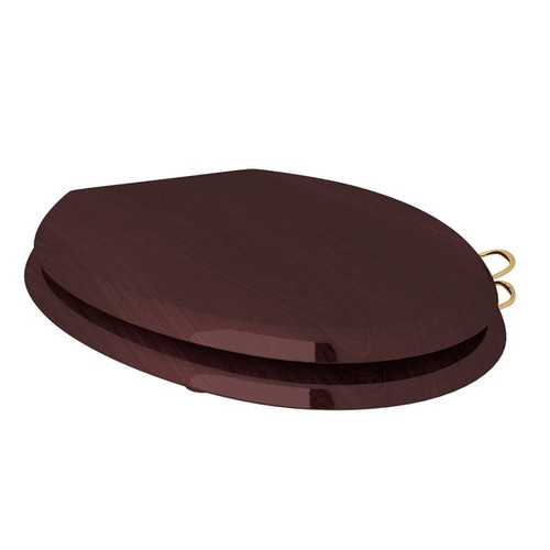 Elongated High Gloss Mahogany Easy Close Toilet Seat with Installed Sanitary Handles in English Bronze