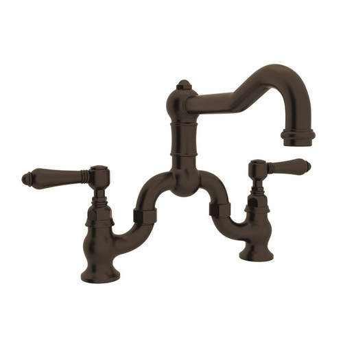 Deck Mount Column Spout Bridge Kitchen Faucet With Metal Lever Handle In Tuscan Brass