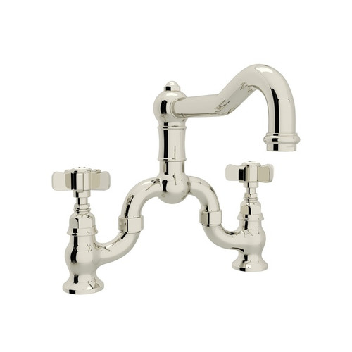 Deck Mount Column Spout Bridge Kitchen Faucet With Five Spoke Handle In Polished Nickel Deck Mount Column Spout Bridge Kitchen Faucet With Five Spoke Handle In Polished Nickel