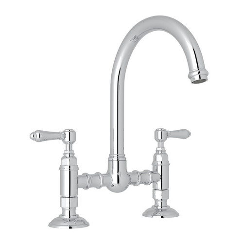 Deck Mount C-Spout Bridge Kitchen Faucet And Metal Lever In Polished Chrome Deck Mount C-Spout Bridge Kitchen Faucet And Metal Lever In Polished Chrome