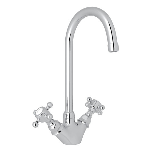 Single Hole C-Spout Bar/Food Prep Faucet With Cross Handles In Polished Chrome