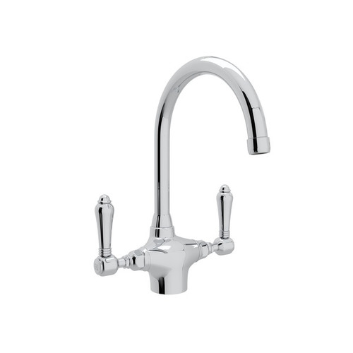Single Hole C-Spout Kitchen Faucet With Metal Lever Handle In Polished Chrome