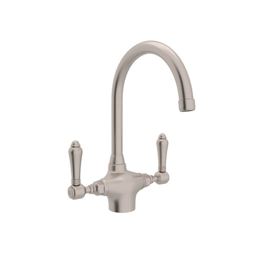 Single Hole C-Spout Kitchen Faucet With Metal Lever Handle In Satin Nickel