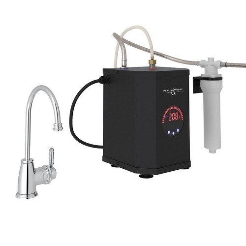 Gotham Metal Lever Handle C-Spout Hot Water Faucet Kit With Tank And Filter In Polished Chrome