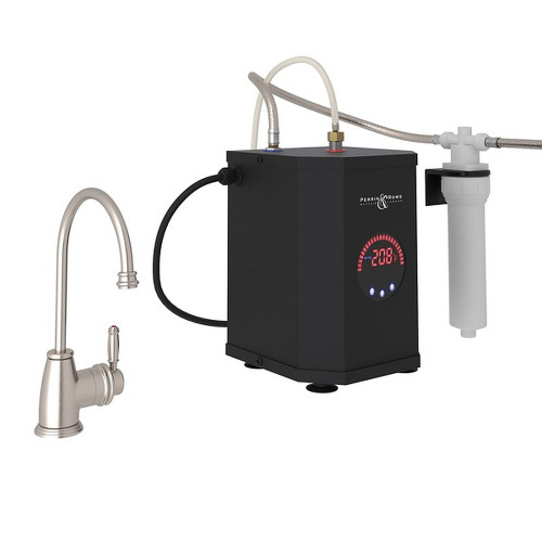 Gotham Metal Lever Handle C-Spout Hot Water Faucet Kit With Tank And Filter In Satin Nickel