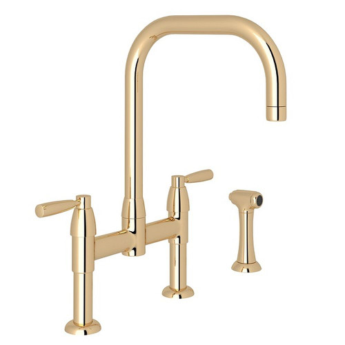 Holborn U-Spout Bridge Kitchen Faucet With Sidespray In English Gold