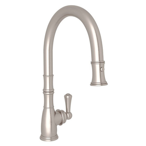 Georgian Era Traditional Pulldown Kitchen Faucet With Metal Lever Handle In Satin Nickel Georgian Era Traditional Pulldown Kitchen Faucet With Metal Lever Handle In Satin Nickel