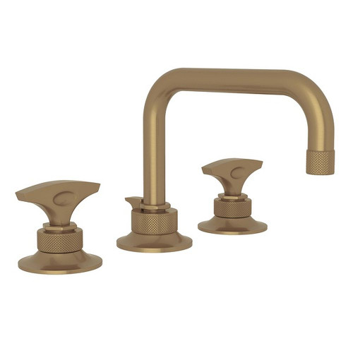 U-Spout Widespread Lavatory Faucet with Metal Dial Handle and 6-11/16" Reach C-Spout Pop-Up Waste in French Brass