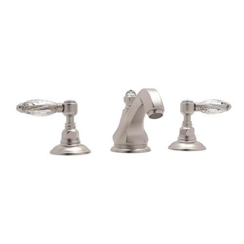 High Neck Widespread Lavatory Faucet with Crystal Levers Pop-Up and Hex Spout in Satin Nickel High Neck Widespread Lavatory Faucet with Crystal Levers Pop-Up and Hex Spout in Satin Nickel