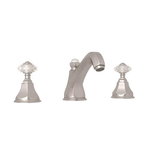 High Neck Widespread Lavatory Faucet with Hex Spout Crystal Knob Handles and Pop-Up in Satin Nickel