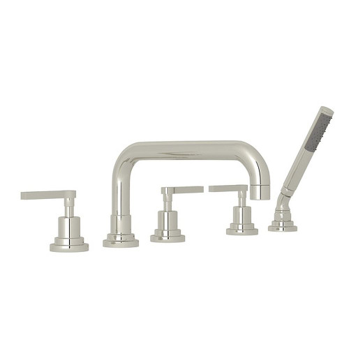 5-Hole Deck Mount Tub Filler with U-Spout Metal Lever Handles Diverter and Handshower in Polished Nickel 5-Hole Deck Mount Tub Filler with U-Spout Metal Lever Handles Diverter and Handshower in Polished Nickel