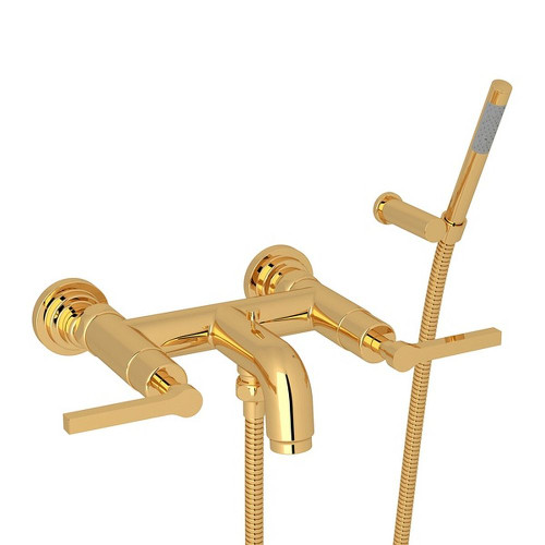 Wall Mount Exposed Tub Set with Metal Lever Handshower in Italian Brass Wall Mount Exposed Tub Set with Metal Lever Handshower in Italian Brass