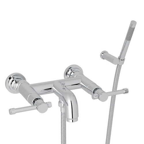 Wall Mount Exposed Tub Filler with Industrial Metal Levers Handshower in Polished Chrome Wall Mount Exposed Tub Filler with Industrial Metal Levers Handshower in Polished Chrome