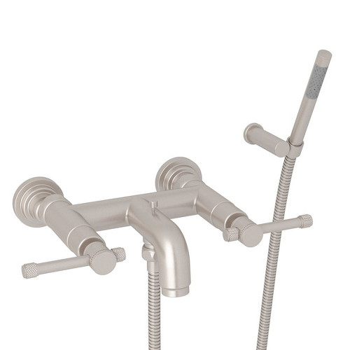 Wall Mount Exposed Tub Filler with Industrial Metal Levers Handshower in Satin Nickel Wall Mount Exposed Tub Filler with Industrial Metal Levers Handshower in Satin Nickel
