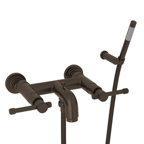 Wall Mount Exposed Tub Filler with Industrial Metal Levers Handshower in Tuscan Brass Wall Mount Exposed Tub Filler with Industrial Metal Levers Handshower in Tuscan Brass