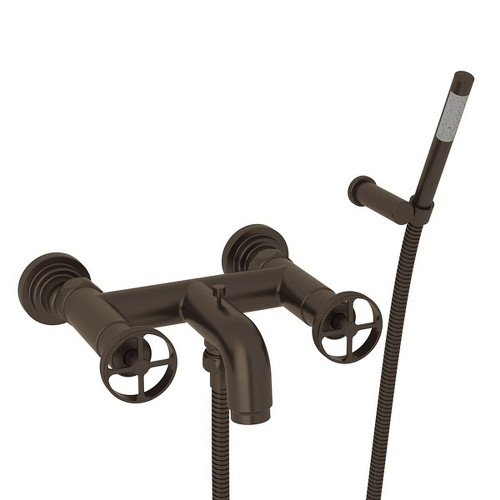 Wall Mount Exposed Tub Filler with Metal Campo Wheel Handles and Handshower in Tuscan Brass