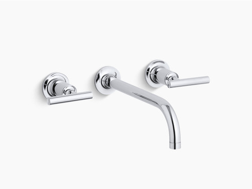 Wall-Mount Bathroom Sink Faucet Trim with 9in, 90-Degree Angle Spout and Lever Handles, Requires Valve in Polished Chrome Wall-Mount Bathroom Sink Faucet Trim with 9in, 90-Degree Angle Spout and Lever Handles, Requires Valve in Polished Chrome