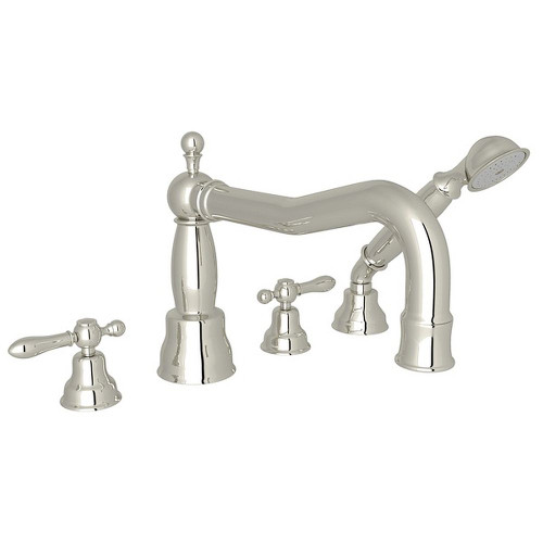 Column Spout 4-Hole Deck Mount Tub Filler with Classic Metal Lever and Handshower in Polished Nickel Column Spout 4-Hole Deck Mount Tub Filler with Classic Metal Lever and Handshower in Polished Nickel