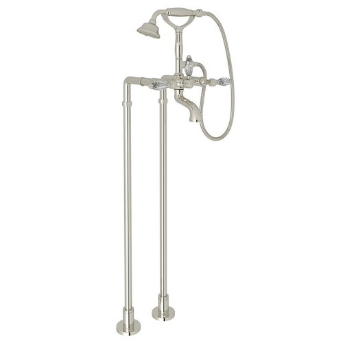 Exposed Floor Mount Tub Filler with Crystal Lever Handshower and Floor Pillar Legs or Supply Unions in Polished Nickel