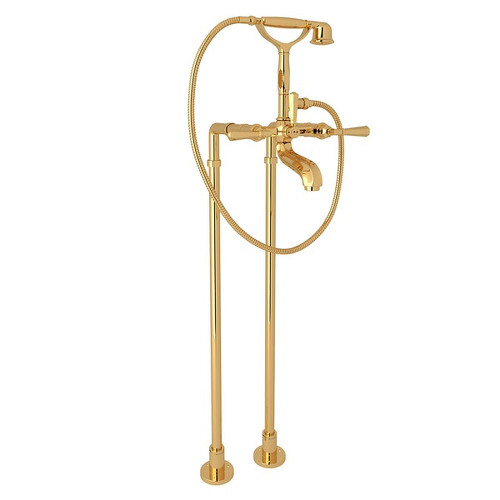 AKIT1901NLMIB Exposed Floor Mount Tub Filler with Metal Lever Handshower and Floor Pillar Legs or Supply Unions in Italian Brass