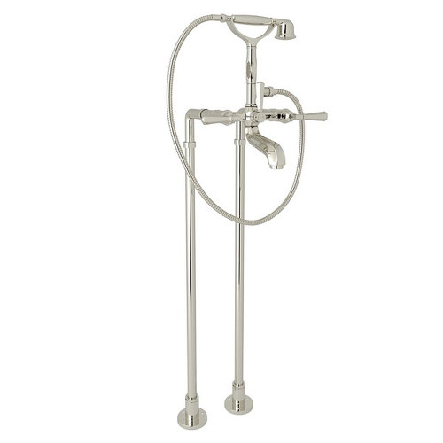 AKIT1901NLMPN Exposed Floor Mount Tub Filler with Metal Lever Handshower and Floor Pillar Legs or Supply Unions in Polished Nickel