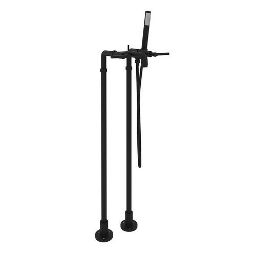 Exposed Floor Mount Tub Filler with Metal Lever Handshower and Floor Pillar Legs or Supply Unions in Matte Black Exposed Floor Mount Tub Filler with Metal Lever Handshower and Floor Pillar Legs or Supply Unions in Matte Black