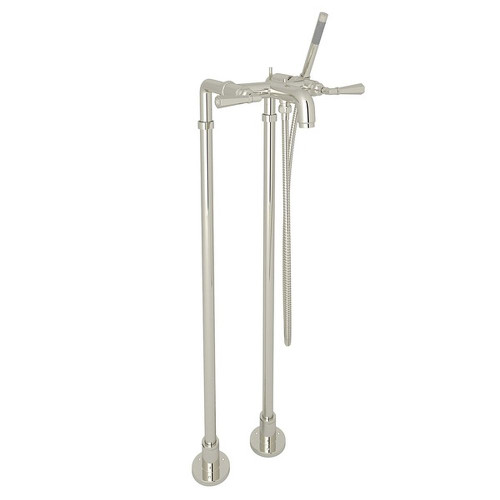 Rohl AKIT2302NLMPN Exposed Floor Mount Tub Filler with Metal Lever Handshower and Floor Pillar Legs or Supply Unions in Polished Nickel Rohl AKIT2302NLMPN Exposed Floor Mount Tub Filler with Metal Lever Handshower and Floor Pillar Legs or Supply Unions in Polished Nickel