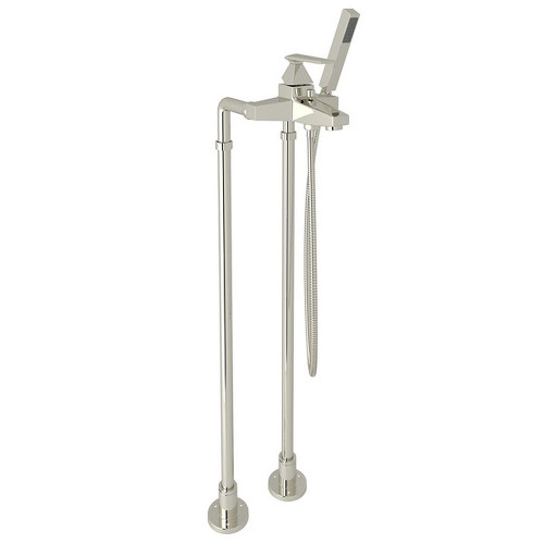 Rohl AKIT3001NLVPN Exposed Floor Mount Tub Filler with Metal Lever Handshower and Floor Pillar Legs or Supply Unions in Polished Nickel