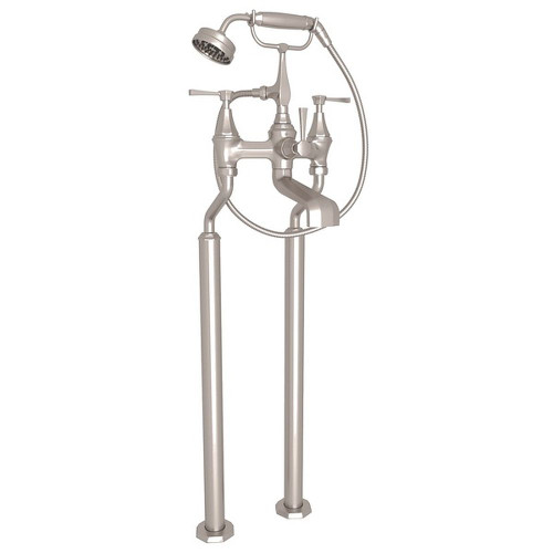 Exposed Floor Mount Tub Filler with Metal Lever Handshower in Satin Nickel Exposed Floor Mount Tub Filler with Metal Lever Handshower in Satin Nickel