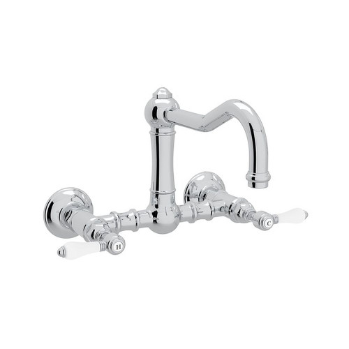 Wall Mount Column Spout Bridge Kitchen Faucet With Porcelain Lever Handle In Polished Chrome