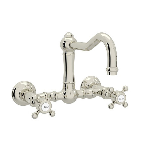 Wall Mount Column Spout Bridge Kitchen Faucet With Cross Handle In Polished Nickel Wall Mount Column Spout Bridge Kitchen Faucet With Cross Handle In Polished Nickel